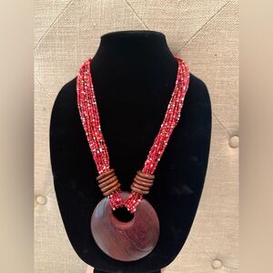 Red Beaded Necklace with Wooden Pendant